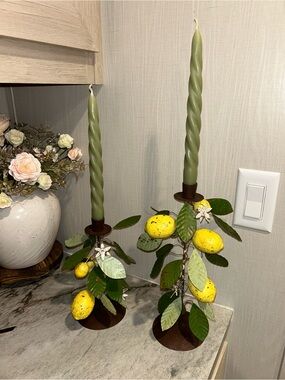 Olive Green Twisted Taper Candle Pair with Lemon Accent Lantern Holders